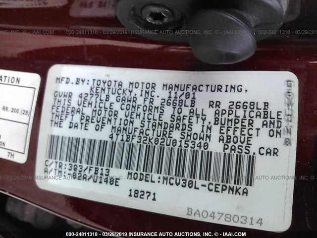 4T1BF32K02U015340 - 2002 TOYOTA CAMRY LE/XLE/SE RED photo 9