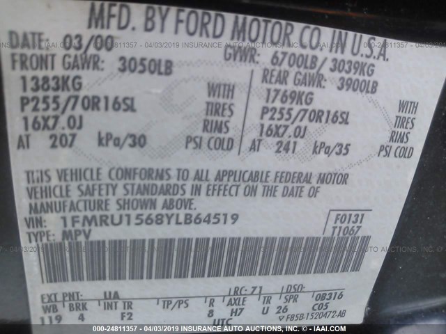 1FMRU1568YLB64519 - 2000 FORD EXPEDITION XLT BLACK photo 9