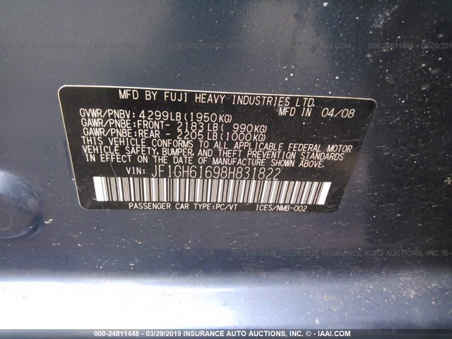 JF1GH61698H831822 - 2008 SUBARU IMPREZA 2.5I BLUE photo 9