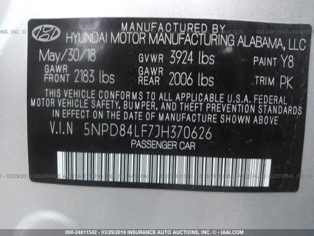 5NPD84LF7JH370626 - 2018 HYUNDAI ELANTRA SEL/VALUE/LIMITED SILVER photo 9