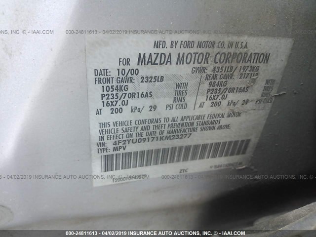 4F2YU09171KM23277 - 2001 MAZDA TRIBUTE LX/ES SILVER photo 9