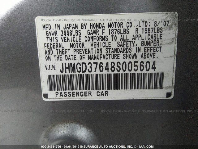 JHMGD37648S005604 - 2008 HONDA FIT SPORT GRAY photo 9