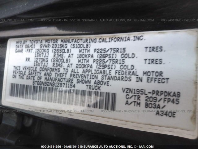 5TEGN92N91Z871154 - 2001 TOYOTA TACOMA DOUBLE CAB PRERUNNER BLACK photo 9