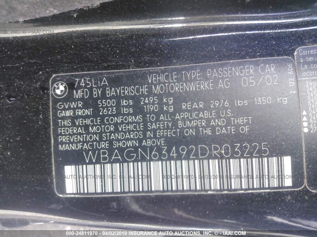 WBAGN63492DR03225 - 2002 BMW 745 LI BLACK photo 9