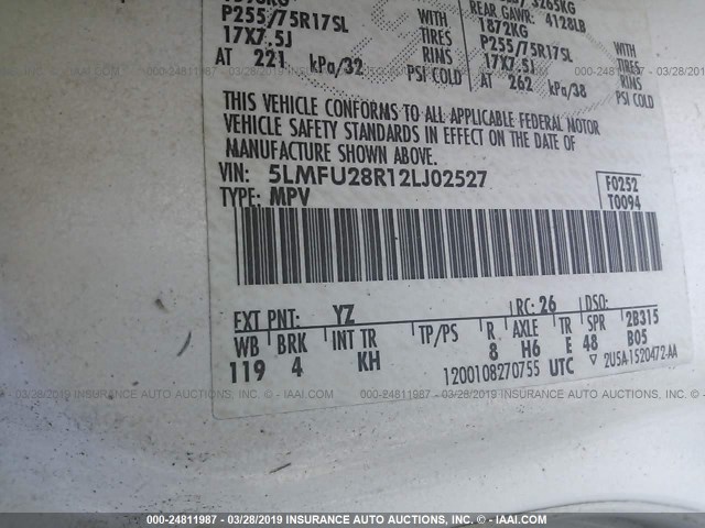 5LMFU28R12LJ02527 - 2002 LINCOLN NAVIGATOR 白色 照片 9