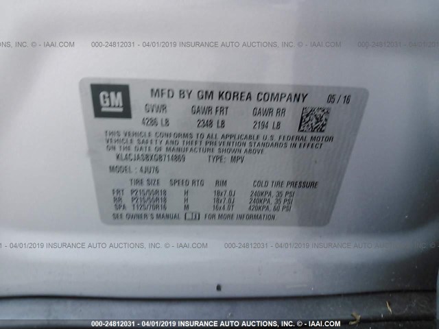 KL4CJASBXGB714869 - 2016 BUICK ENCORE SILVER photo 9