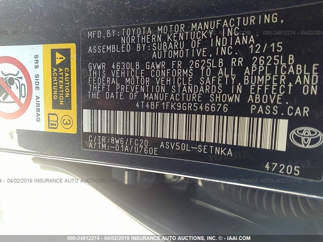 4T4BF1FK9GR546676 - 2016 TOYOTA CAMRY LE/XLE/SE/XSE BLUE photo 9