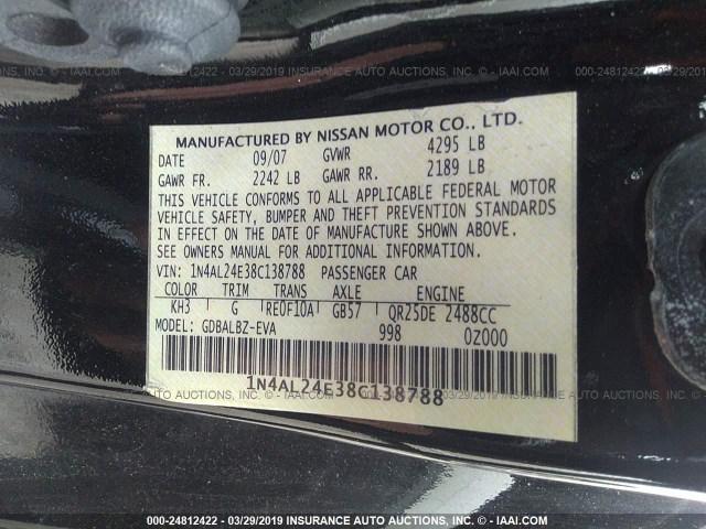 1N4AL24E38C138788 - 2008 NISSAN ALTIMA 2.5S BLACK photo 9