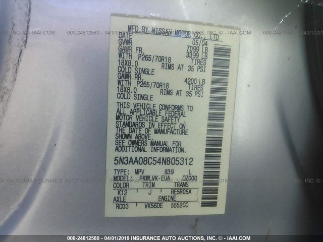 5N3AA08C54N805312 - 2004 INFINITI QX56 SILVER photo 9