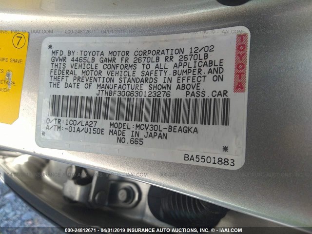 JTHBF30G630123276 - 2003 LEXUS ES 300 SILVER photo 9