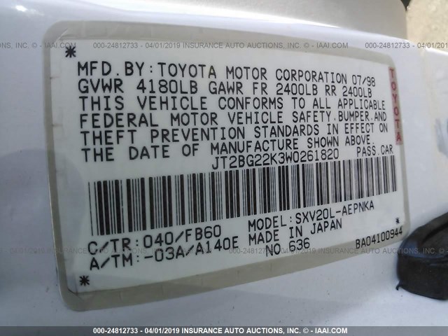 JT2BG22K3W0261820 - 1998 TOYOTA CAMRY CE/LE/XLE WHITE photo 9