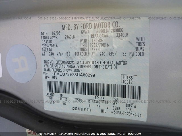 1FMEU73E88UA80299 - 2008 FORD EXPLORER XLT SILVER photo 9