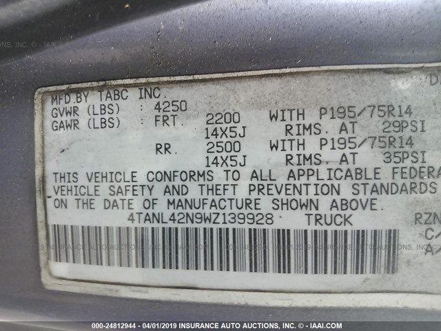 4TANL42N9WZ139928 - 1998 TOYOTA TACOMA GRAY photo 9