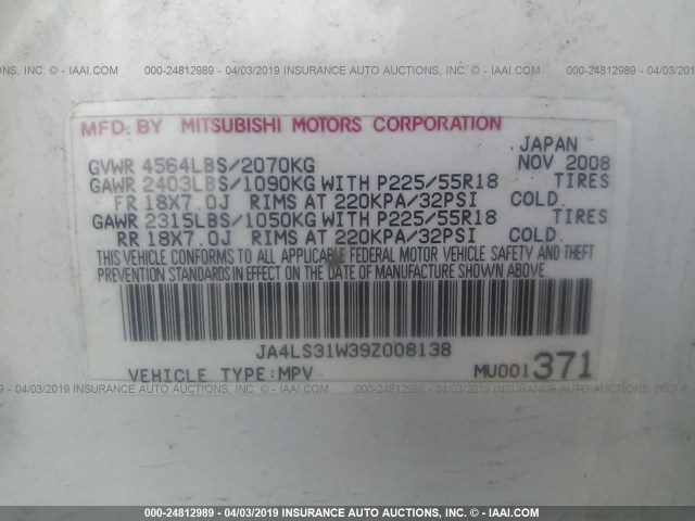 JA4LS31W39Z008138 - 2009 MITSUBISHI OUTLANDER SE 白色 照片 9