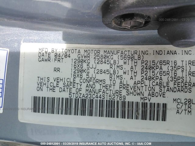 5TDZA23C44S152789 - 2004 TOYOTA SIENNA CE/LE BLUE photo 9