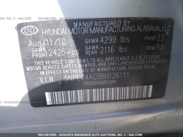 5NPEC4AC9BH126151 - 2011 HYUNDAI SONATA SE/LIMITED GRAY photo 9