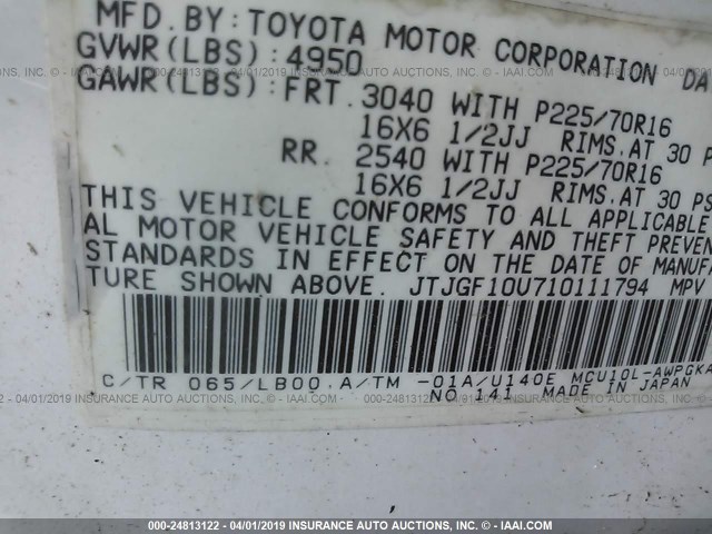 JTJGF10U710111794 - 2001 LEXUS RX 300 WHITE photo 9