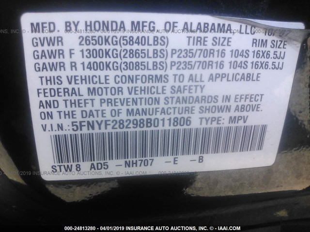 5FNYF28298B011806 - 2008 HONDA PILOT VP BLACK photo 9