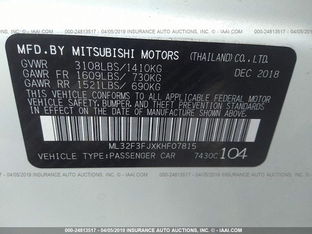 ML32F3FJXKHF07815 - 2019 MITSUBISHI MIRAGE G4 ES Белый фото 9