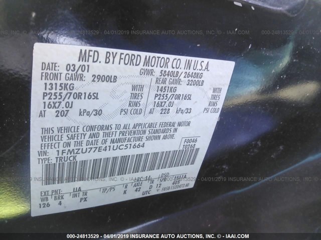 1FMZU77E41UC51664 - 2001 FORD EXPLORER SPORT TR  BLACK photo 9