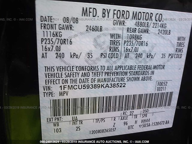 1FMCU59389KA38522 - 2009 FORD ESCAPE HYBRID BLACK photo 9