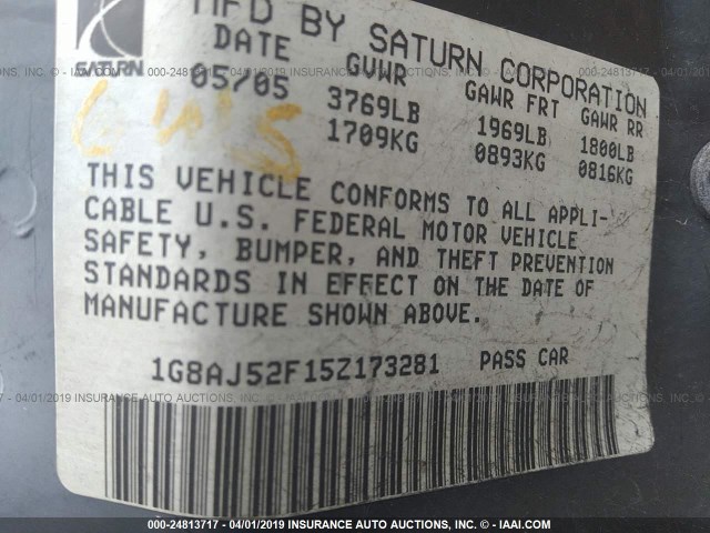 1G8AJ52F15Z173281 - 2005 SATURN ION LEVEL 2 黑色 照片 9