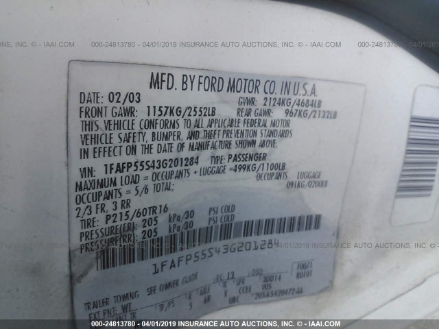 1FAFP55S43G201284 - 2003 FORD TAURUS SES WHITE photo 9