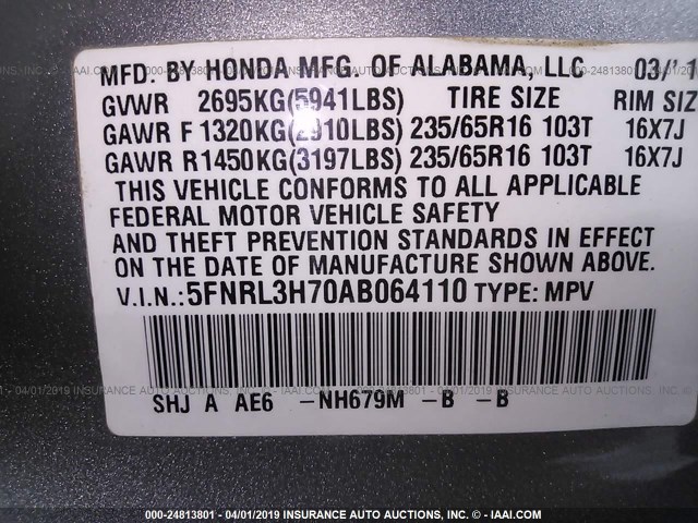 5FNRL3H70AB064110 - 2010 HONDA ODYSSEY EXL SILVER photo 9