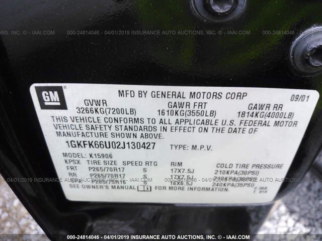 1GKFK66U02J130427 - 2002 GMC DENALI XL K1500 BLACK photo 9