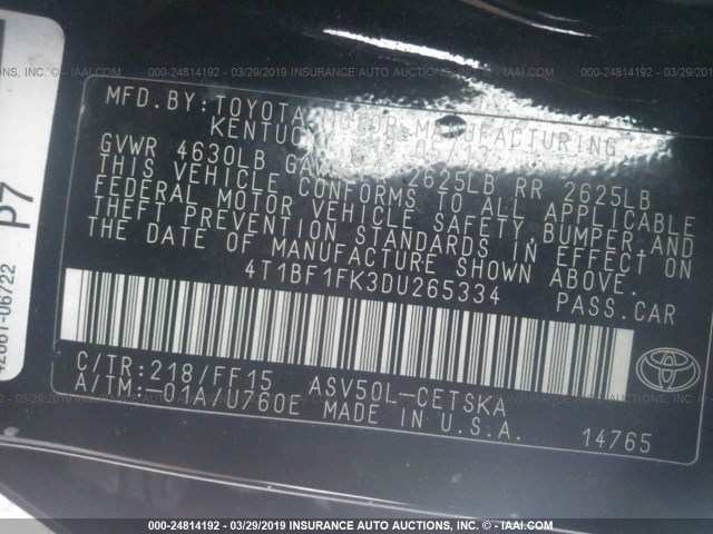 4T1BF1FK3DU265334 - 2013 TOYOTA CAMRY L/SE/LE/XLE 黑色 照片 9