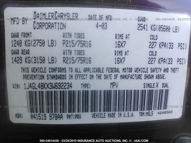 1J4GL48KX3W692234 - 2003 JEEP LIBERTY SPORT/FREEDOM ბურგუნდია ფოტო 9