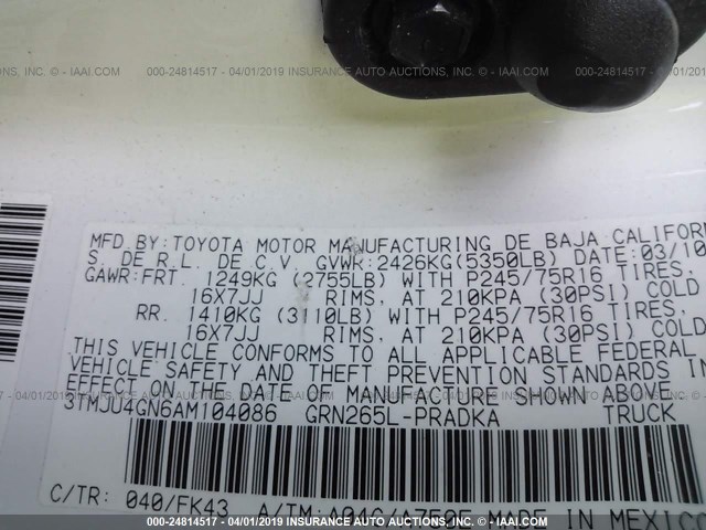 3TMJU4GN6AM104086 - 2010 TOYOTA TACOMA DOUBLE CAB PRERUNNER WHITE photo 9