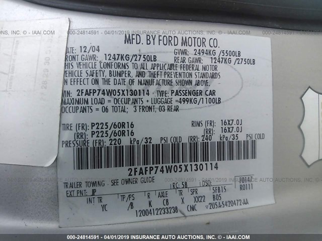 2FAFP74W05X130114 - 2005 FORD CROWN VICTORIA LX SILVER photo 9