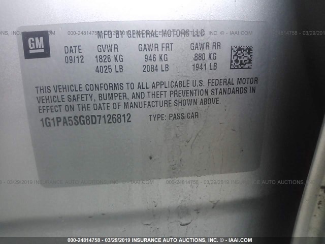 1G1PA5SG8D7126812 - 2013 CHEVROLET CRUZE LS SILVER photo 9