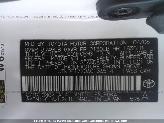 JTKDE177060136514 - 2006 TOYOTA SCION TC თეთრი ფოტო 9