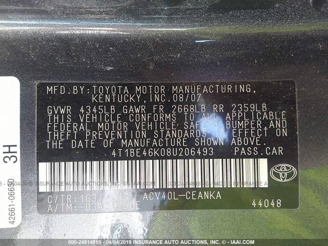 4T1BE46K08U206493 - 2008 TOYOTA CAMRY CE/LE/XLE/SE GRAY photo 9