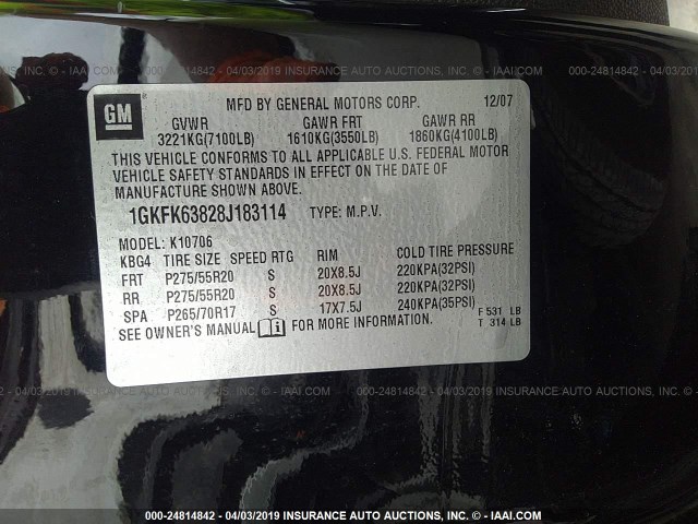 1GKFK63828J183114 - 2008 GMC YUKON DENALI BLACK photo 9