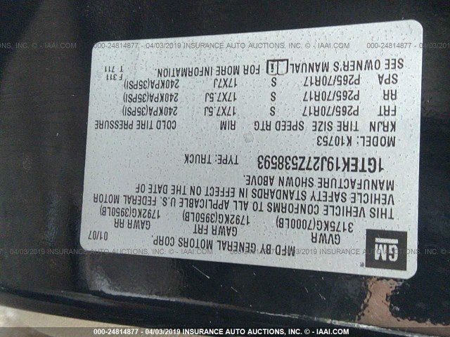 1GTEK19J27Z538593 - 2007 GMC NEW SIERRA K1500 BLACK photo 9