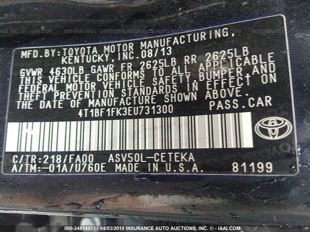 4T1BF1FK3EU731300 - 2014 TOYOTA CAMRY L/SE/LE/XLE 黑色 照片 9