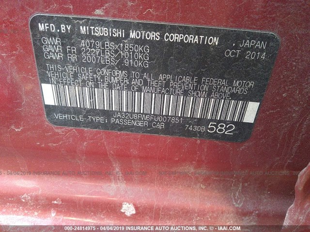 JA32U8FW6FU007851 - 2015 MITSUBISHI LANCER GT RED photo 9