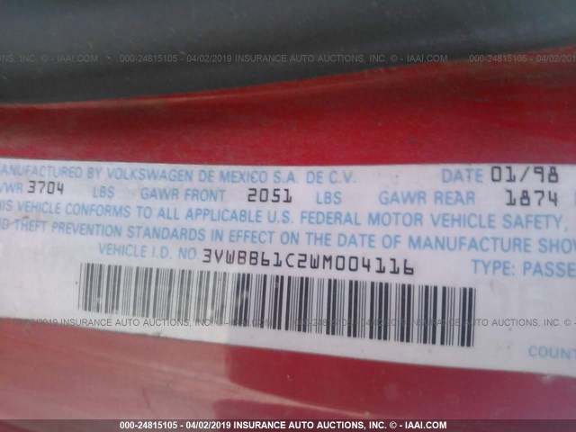 3VWBB61C2WM004116 - 1998 VOLKSWAGEN NEW BEETLE წითელი ფოტო 9