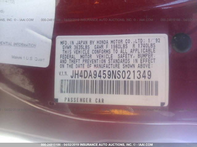 JH4DA9459NS021349 - 1992 ACURA INTEGRA LS RED photo 9