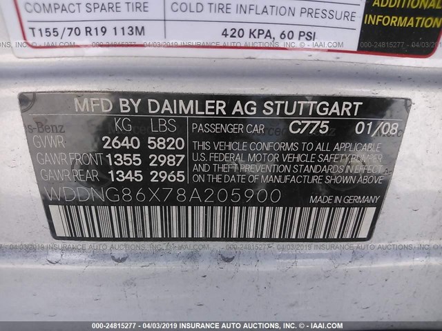 WDDNG86X78A205900 - 2008 MERCEDES-BENZ S 550 4MATIC SILVER photo 9