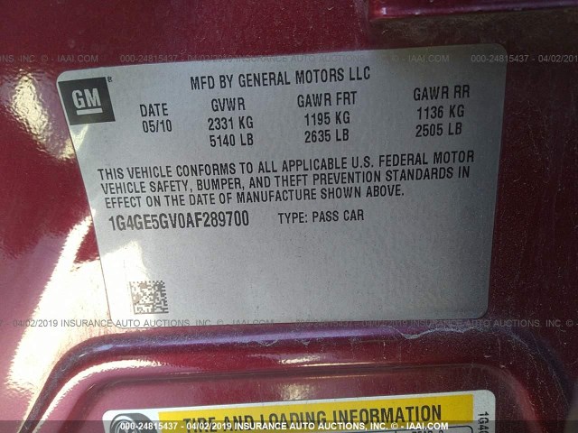 1G4GE5GV0AF289700 - 2010 BUICK LACROSSE CXS RED photo 9