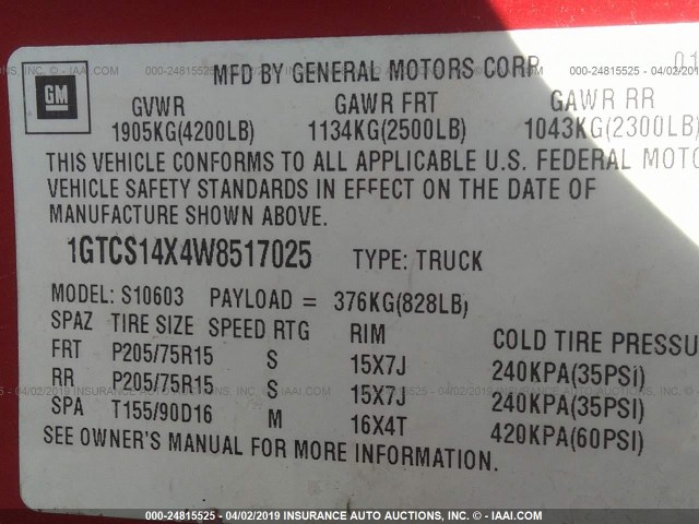 1GTCS14X4W8517025 - 1998 GMC SONOMA RED photo 9