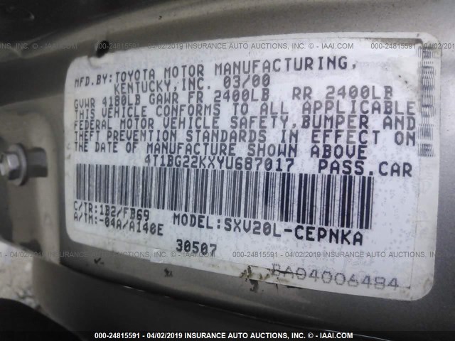 4T1BG22KXYU687017 - 2000 TOYOTA CAMRY CE/LE/XLE 灰色 照片 9