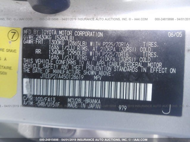 JTEEP21A450128619 - 2005 TOYOTA HIGHLANDER LIMITED SILVER photo 9