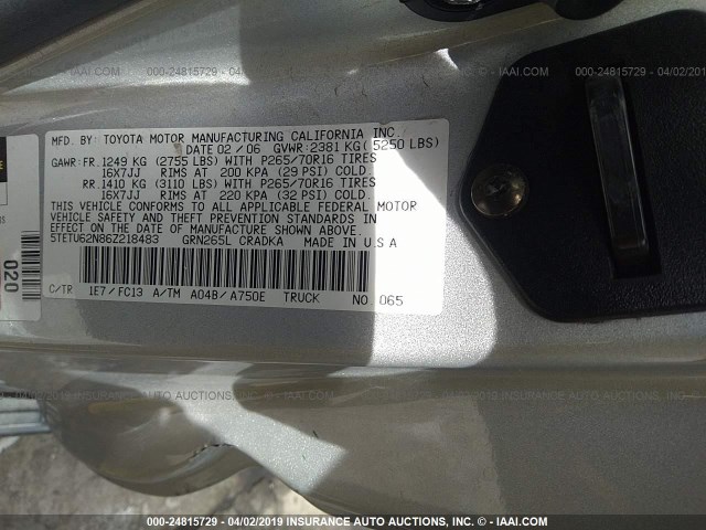 5TETU62N86Z218483 - 2006 TOYOTA TACOMA PRERUNNER ACCESS CAB SILVER photo 9