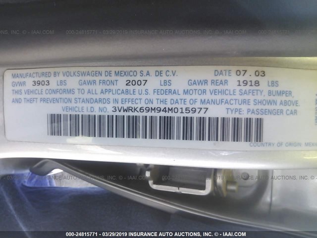 3VWRK69M94M015977 - 2004 VOLKSWAGEN JETTA GL SILVER photo 9