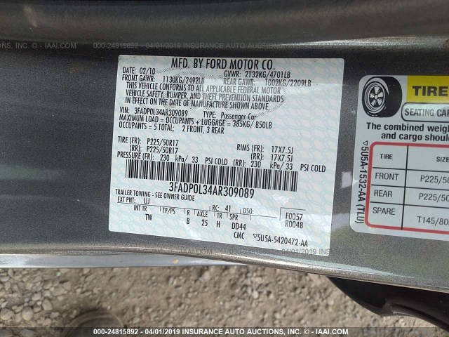 3FADP0L34AR309089 - 2010 FORD FUSION HYBRID GRAY photo 9